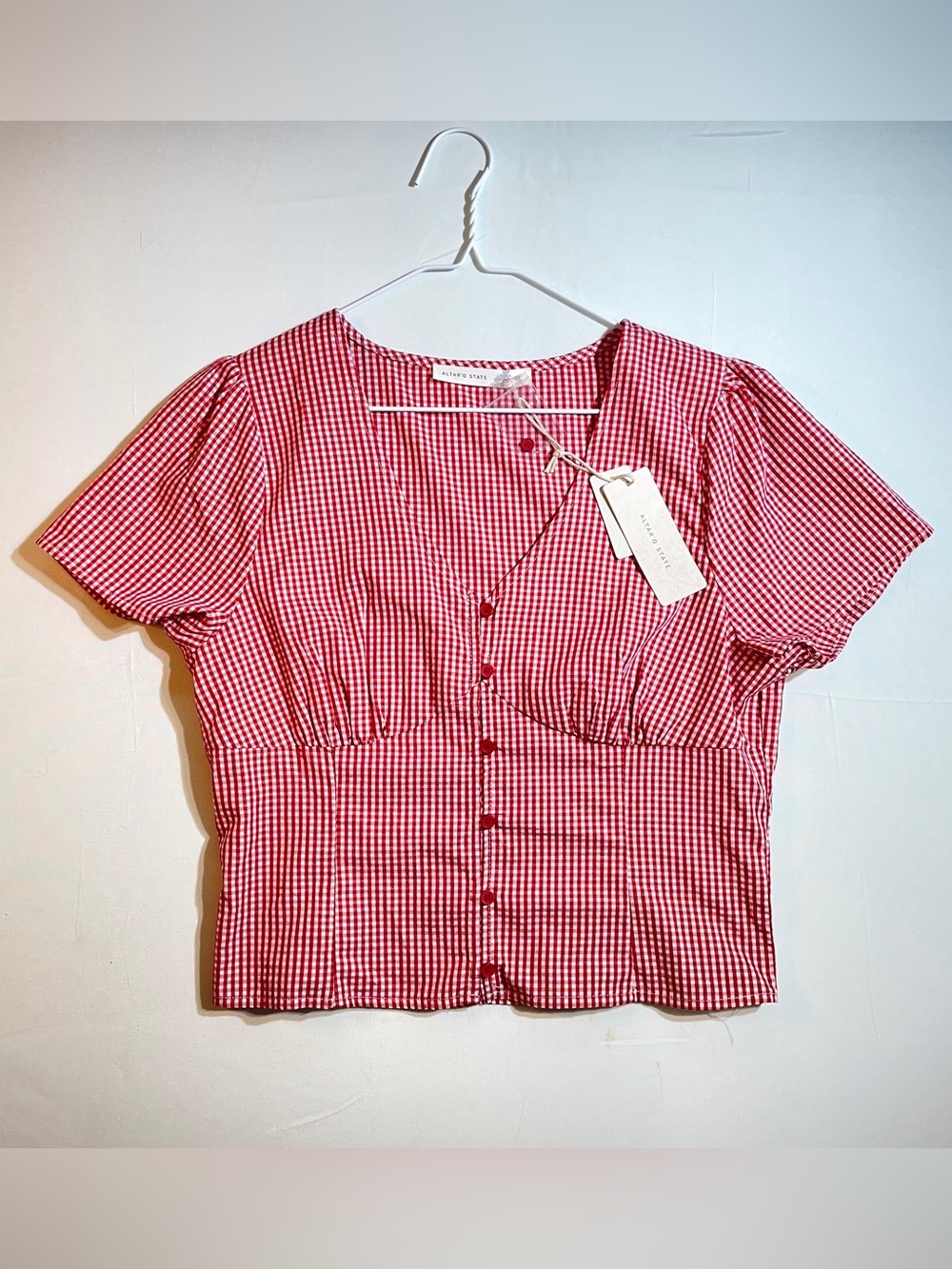 Altar'd State Red Gingham Button-Front Crop Blouse